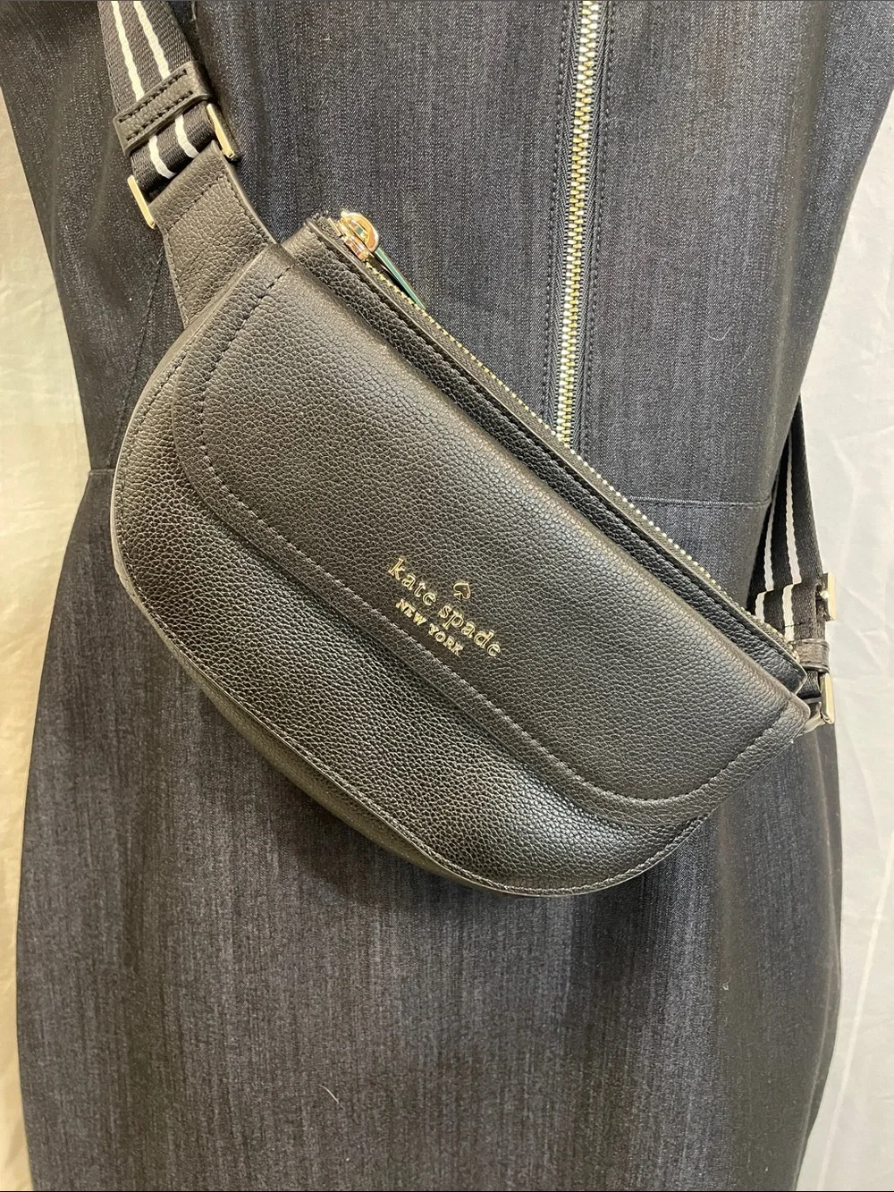 kate spade black pebbled leather crossbody belt bag with striped strap